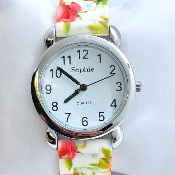Sophie women’s Quartz analog watch 35mm silver tone colorful floral band running - Picture 1 of 5